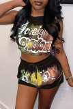 White Casual Sportswear Letter Print Basic O Neck Sleeveless Two Pieces