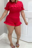 Red Casual Solid Stringy Selvedge O Neck Short Sleeve Two Pieces