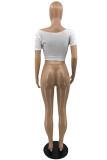White Fashion Casual Letter Print Bandage Oblique Collar T-Shirts