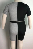 Black Gray British Style Patchwork Cut Out O Neck Plus Size Two Pieces