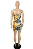 Yellow Sexy Print Hollowed Out Backless Fold Strapless Sleeveless Dress