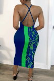 Green Sexy Print Split Joint Spaghetti Strap Pencil Skirt Dresses