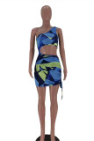 Blue Fashion Sexy Print Hollowed Out Backless One Shoulder Sleeveless Dress