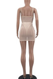 Blue Sexy Solid Patchwork Backless Zipper Spaghetti Strap Sleeveless Two Pieces