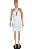 White Fashion Sexy Solid Hollowed Out Backless O Neck Sleeveless Dress