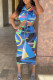 Blue Fashion Sexy Print Draw String V Neck Sleeveless Two Pieces