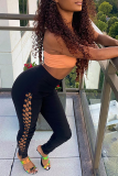 Black Sexy Solid Hollowed Out Skinny Mid Waist Pencil Solid Color Bottoms