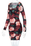 Red Green Elegant Print Make Old Fold Square Collar Pencil Skirt Dresses