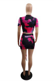 Rose Red Fashion Tie Dye Printing O Neck Short Sleeve Two Pieces