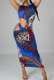 Blue Sexy Leopard Hollowed Out O Neck One-piece Suits Dresses