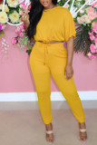 Pink Fashion Casual Solid Bandage O Neck Short Sleeve Two Pieces