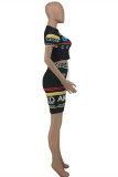 Black Casual Sportswear Print Basic O Neck Short Sleeve Two Pieces