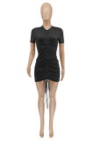 Black Fashion Solid Draw String O Neck Short Sleeve Dress