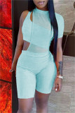 Light Blue Fashion Sexy Solid Hollowed Out See-through O Neck Short Sleeve Two Pieces