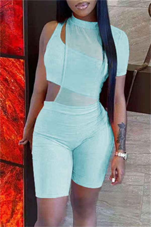 Light Blue Fashion Sexy Solid Hollowed Out See-through O Neck Short Sleeve Two Pieces