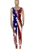 Red Blue Casual Print Patchwork U Neck Skinny Jumpsuits