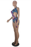 Multicolor Fashion Sexy Print Hollowed Out Draw String Backless Swimwears