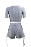 Grey Fashion Casual Solid Bandage Draw String V Neck Short Sleeve Two Pieces