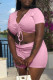 Pink Fashion Casual Solid Bandage V Neck Short Sleeve Two Pieces