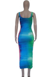 Colour Casual Gradual Change Print Bandage Patchwork U Neck Vest Dress Dresses