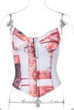 Red Sexy Print Patchwork Buckle Strapless Tops