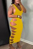 Blue Sexy Solid Hollowed Out Patchwork Knotted U Neck Two Pieces