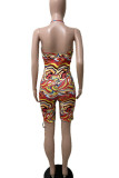 Red Sexy Print Hollowed Out Split Joint Frenulum Backless Halter Skinny Jumpsuits