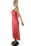 Watermelon Red Sexy Casual Solid Backless Slit V Neck Sling Dress