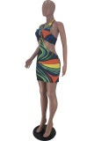 Multicolor Fashion Sexy Print Backless Halter Sleeveless Dress