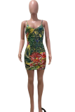Colour Sexy Print Patchwork Spaghetti Strap Pencil Skirt Dresses
