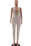 Yellow Fashion Sexy Solid Hollowed Out Backless V Neck Skinny Jumpsuits