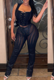 Deep Blue Sexy Solid Buckle Square Collar Tops