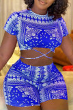 Blue Fashion Casual Print Hollowed Out O Neck Short Sleeve Two Pieces