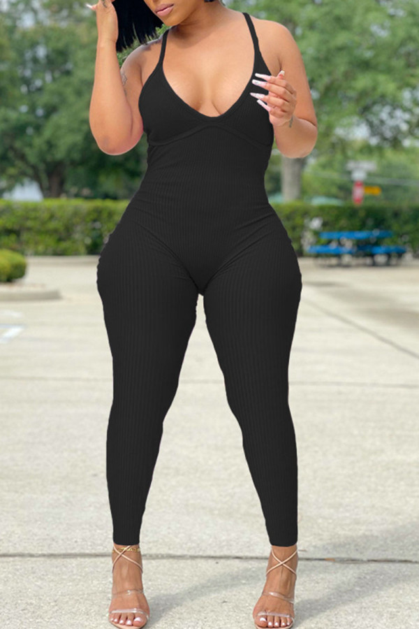 Black Casual Solid Patchwork Spaghetti Strap Skinny Jumpsuits