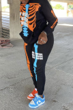 Black Casual Print Patchwork Hooded Collar Long Sleeve Two Pieces