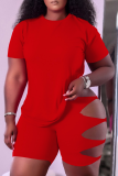 Pink Casual Solid Hollowed Out O Neck Short Sleeve Two Pieces