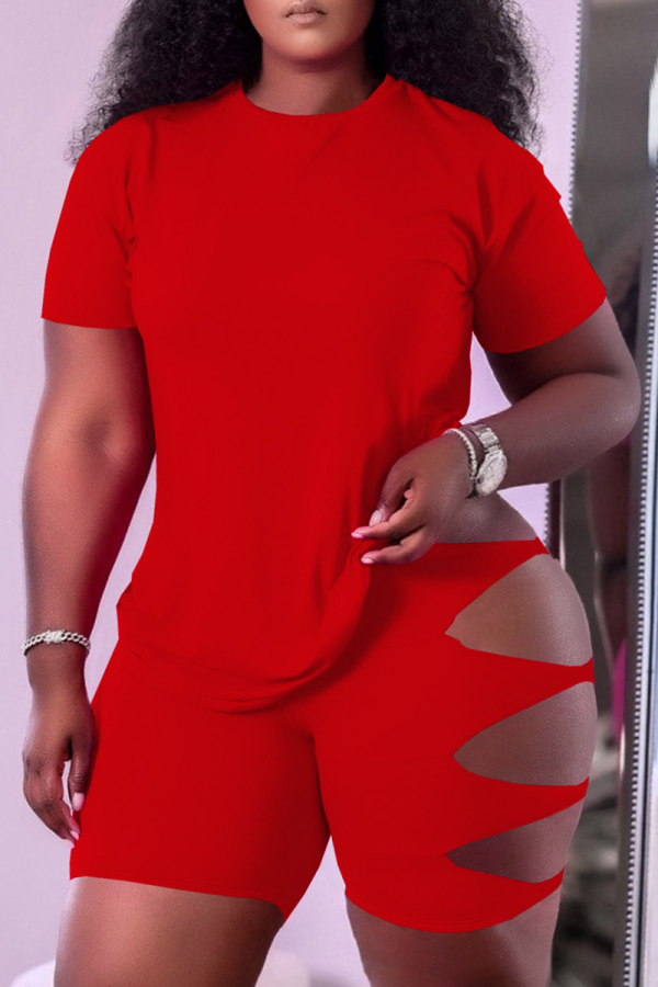 Red Casual Solid Hollowed Out O Neck Short Sleeve Two Pieces