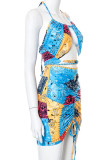 Multicolor Sexy Print Patchwork Draw String Frenulum Fold Halter Sleeveless Two Pieces