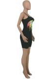 Black Sexy Casual Lips Printed Backless Spaghetti Strap Skinny Romper