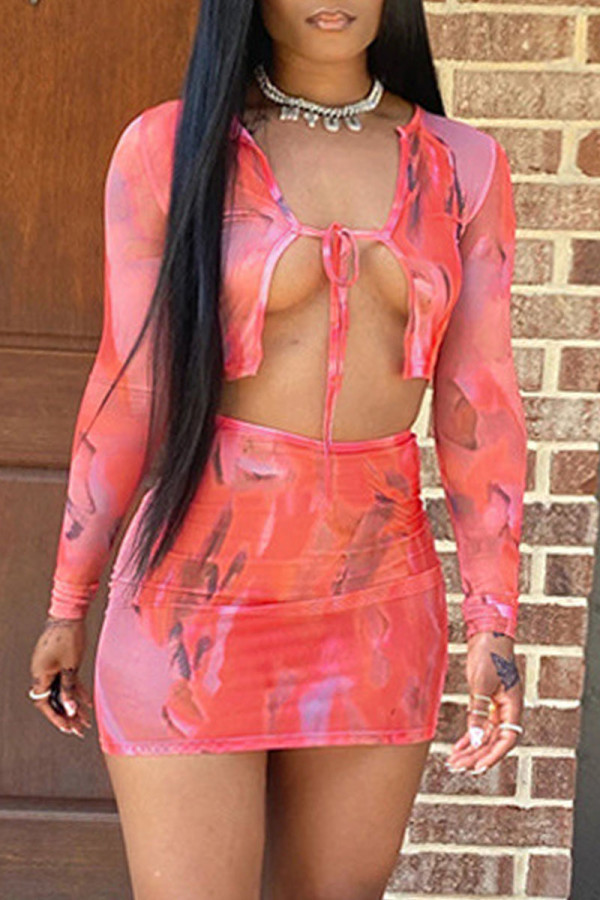 Red Sexy Print Patchwork Frenulum V Neck Long Sleeve Two Pieces