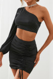 Black Fashion Sexy Solid Fold Oblique Collar Long Sleeve Two Pieces