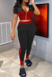 Red Sportswear Solid Patchwork V Neck Short Sleeve Two Pieces