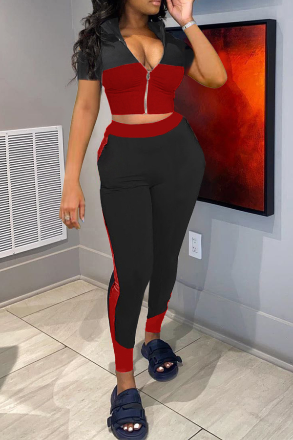 Red Sportswear Solid Patchwork V Neck Short Sleeve Two Pieces
