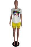 Yellow Fashion Casual Print Ripped O Neck Short Sleeve Two Pieces