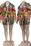 Red Casual Print Patchwork Turndown Collar Plus Size Two Pieces