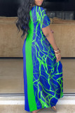 Blue Casual Print Patchwork O Neck Straight Plus Size Dresses