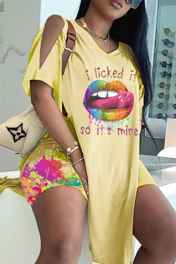 Yellow Casual Print High Opening O Neck Short Sleeve Two Pieces
