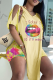 Yellow Casual Print High Opening O Neck Short Sleeve Two Pieces