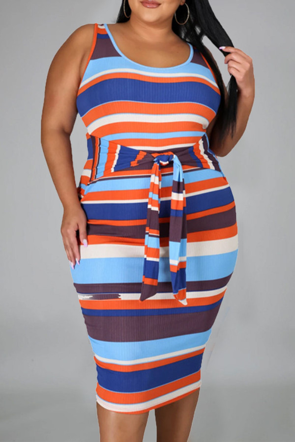 Orange Blue Casual Striped Print Bandage Patchwork Knotted U Neck Pencil Skirt Plus Size Dresses