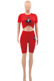 Red Casual Print Patchwork O Neck Short Sleeve Two Pieces